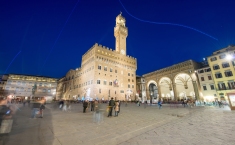 Piazza della Signoria at night in Florence, wide angle view.